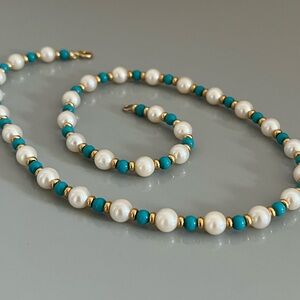 14K Gold Pearl and Turquoise Beaded Necklace